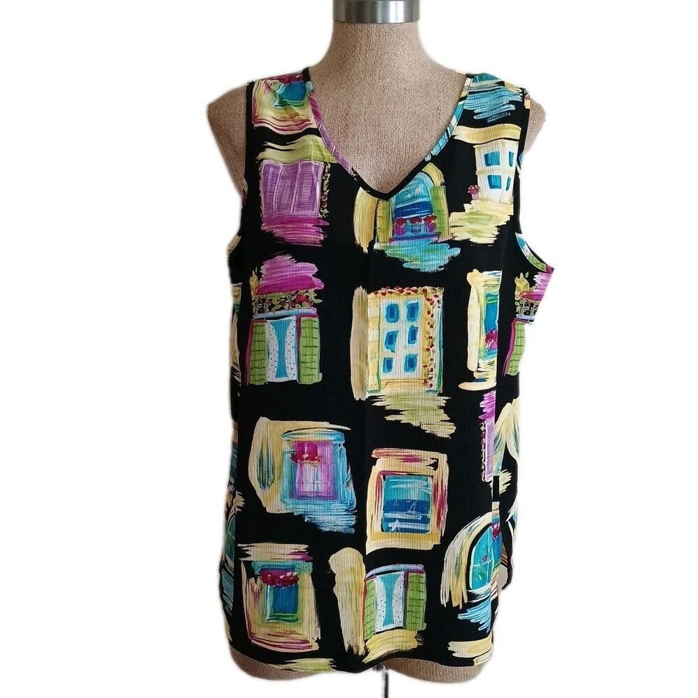 Vintage Maggie Sweet Womens Size L Blouse Colorful Artsy Windows Print 80s USA